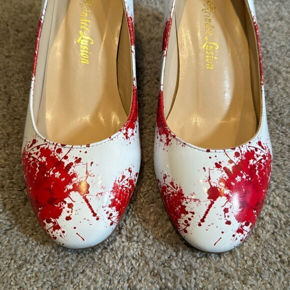 Reindee Lusion White Red Splatter Transparent Block Mid Heel RoundToe Size 5 NEW - Picture 11 of 14